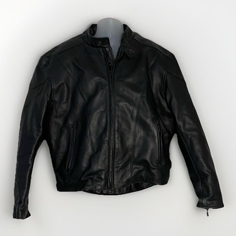 River Road Men’s Black Leather Removable Lining Motorcycle Jacket Size 48
